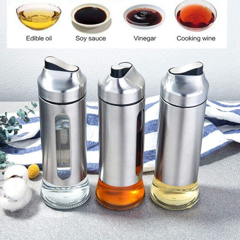 Auto Flip Olive Oil Dispenser Oil Bottle Wide Opening Clear Lead Free Glass Cruet Dispenser Oil Drip Free Spout Bottle