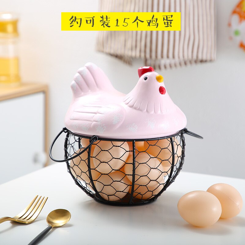 Ceramic Egg Holder Chicken Wire Egg Basket Fruit Basket Collection Ceramic Hen Oraments Decoration Kitchen Storage 19CMX22CM: Pink / S size --15 eggs