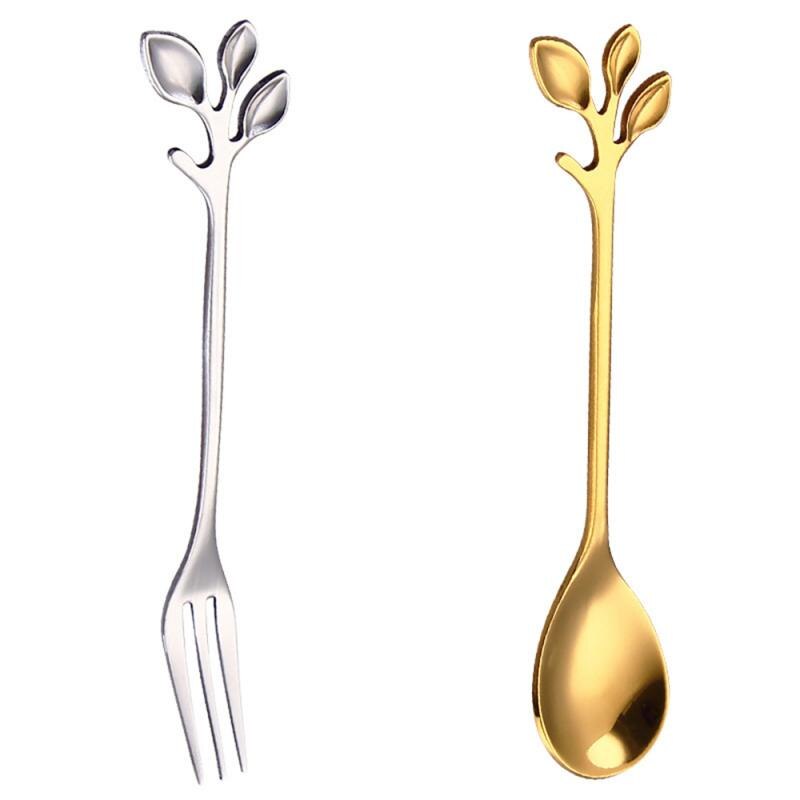 Silver Leaves Spoons Teaspoon Fork Mini Royal Style Metal Gold Carved Coffee Snacks Fruit Prikers Dessert Fork Kitchen Bar Tool