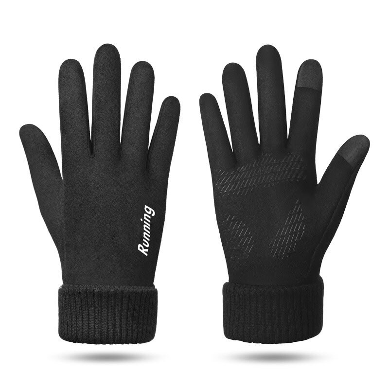 Autumn Winter Suede Plus Velvet Warm Sports Riding Gloves All Refer To Mens Non-Slip Touch Screen Driving Gloves: Black