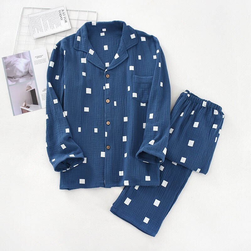 Spring Men's Gauze Cotton Pajamas Set Simple Style Turn-Down Collar Sleepwear Set Full Sleeve Clothes+Pants 2Pcs Homewear: Navy / M