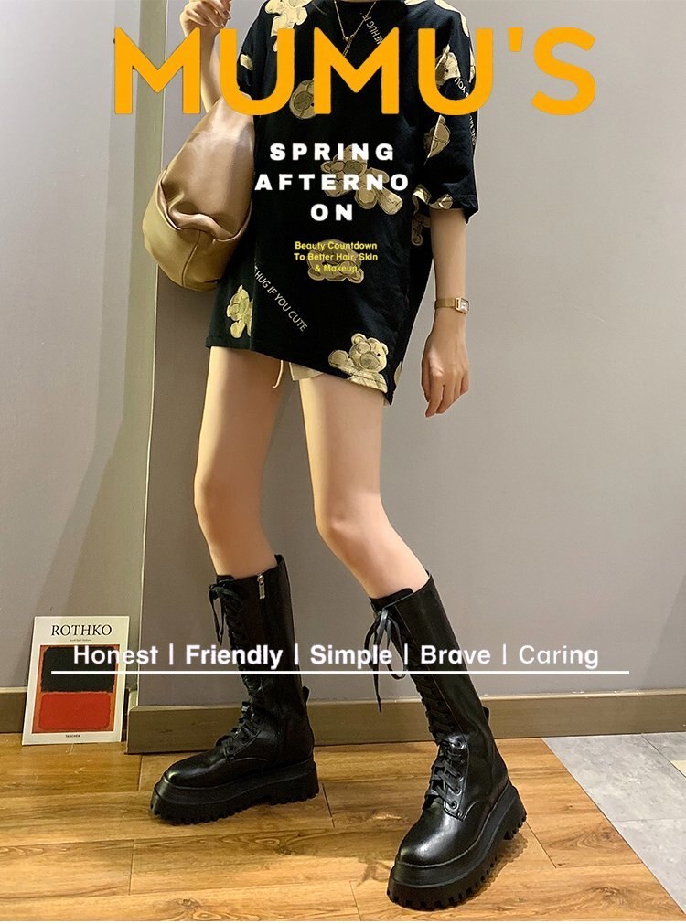 Mid-calf Boots Comfortable Shoes Elegent Lace-up Platform Boots Autumn All-match British Wind PU Leather Female for Female