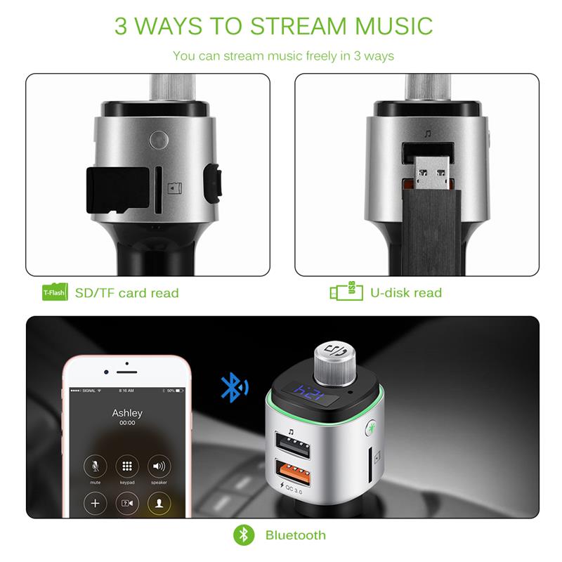 FM Transmitter Aux Modulator Bluetooth Handsfree Car Kit Car Audio MP3 Player with Quick Charge Dual USB Port