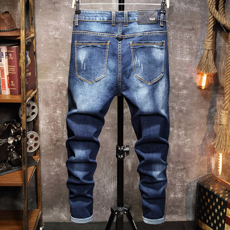 Heren Ripped Patch Jeans Jeugd Business Casual Stretch Slim Broek Mannelijke Koreaanse Mode Trend Blue Denim Broek