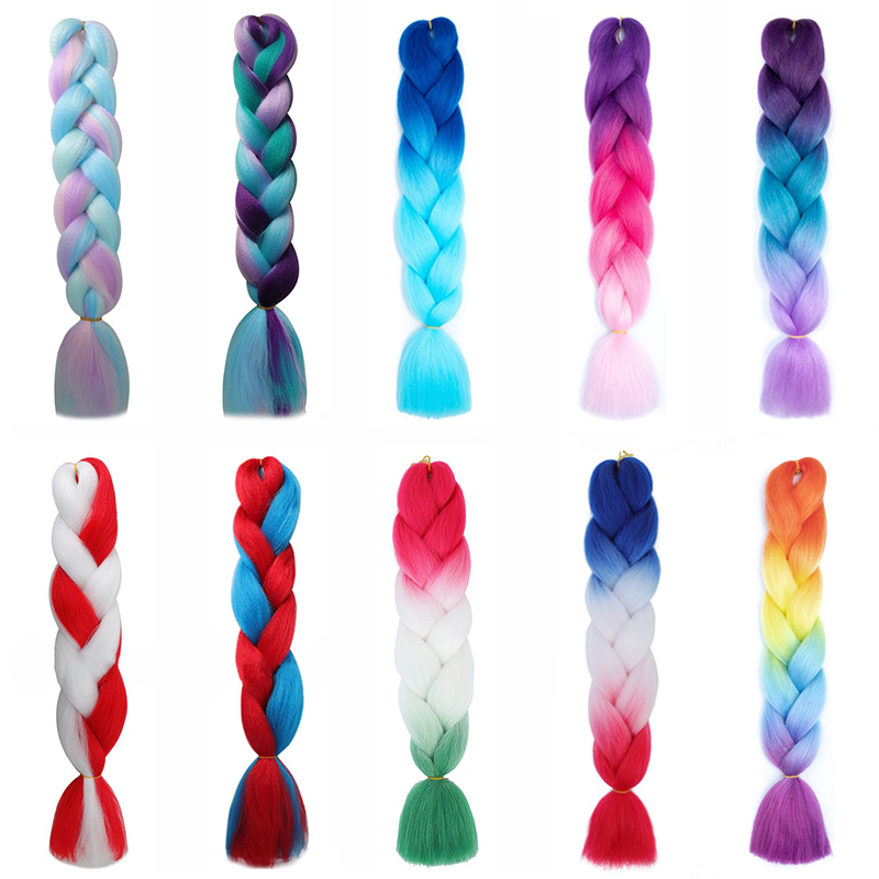 24Inch Synthetic Braiding Hair Extension Ombre Color Rainbow DIY Jumbo Hair Pink Red Blue Hairstyle for Women