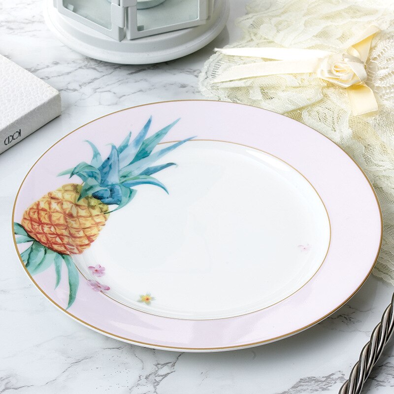 Skandynawski zielony liść styl płyta ceramiczna ręcznie malowany okrągły Beefsteak płyta taca śniadaniowa talerze obiadowe talerz: ananas