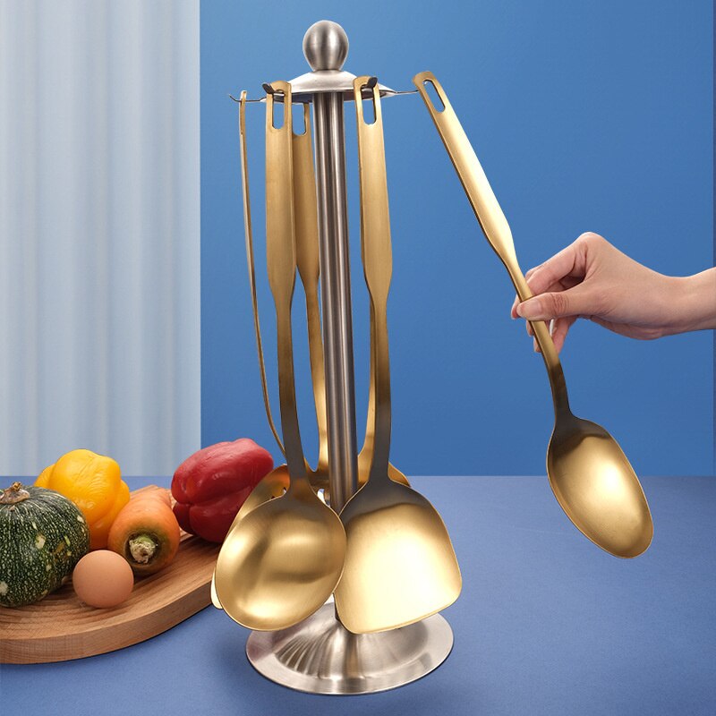 Stainless Steel Gold Kitchenware Cooking Tool Set Scoop Soup Ladle Skimmer Colander Kitchen Gadgets Nonstick Leaky Spatula 1PC