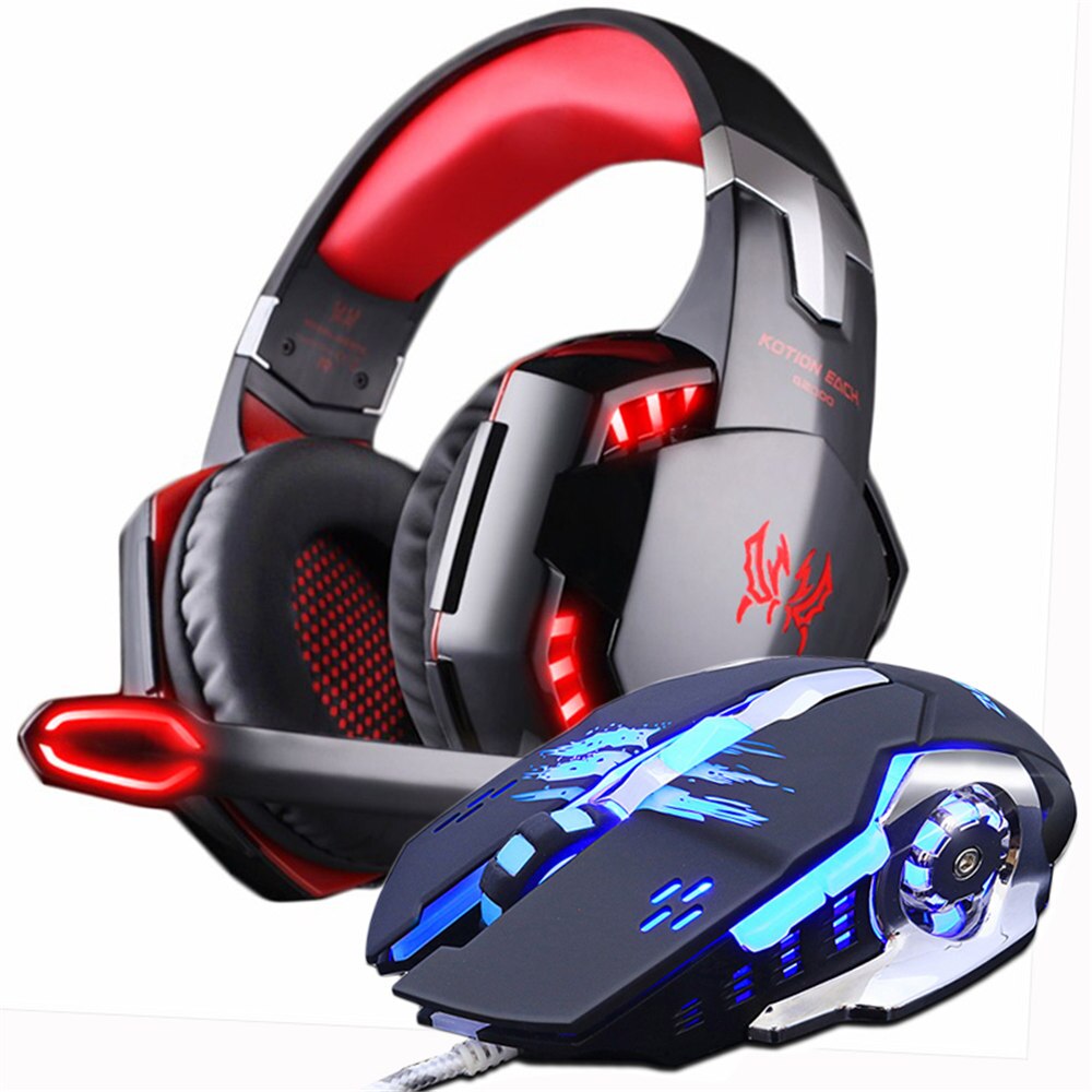 Gaming Headset Casque Headphones Deep Bass Stereo Earphones with Microphone +Gaming Mouse Mice 3200 DPI combination LED Lights: G2000 red and mouse
