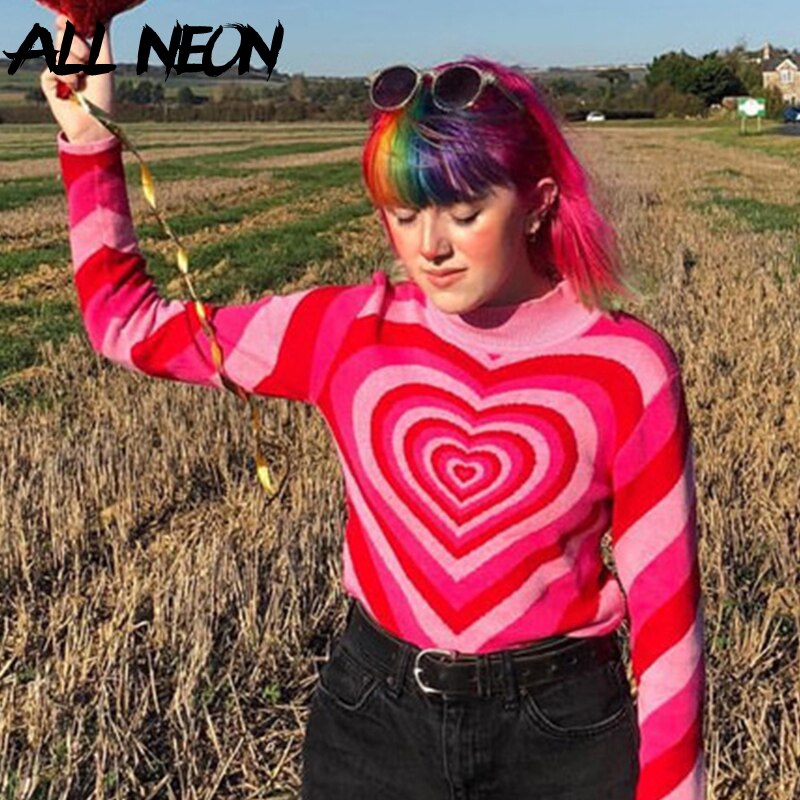 Y2K-suéter de manga larga para mujer, suéter de cuello alto a rayas con corazón, color rosa, estilo Harajuku, años 90