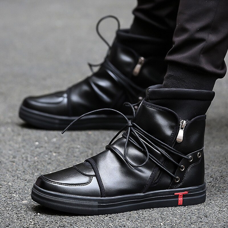 Taniec Hip Hop mężczyźni miękkie skórzane białe buty moda wysokie góry mężczyźni obuwie oddychające krzyż wiązane zachodnie buty czarne: Black / 10