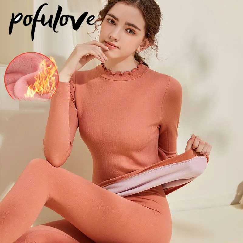 Ropa interior térmica de terciopelo para mujer, traje de Cuello medio alto, Tops para dormir, conjunto de Calzoncillos largos, conjunto de ropa térmica de invierno