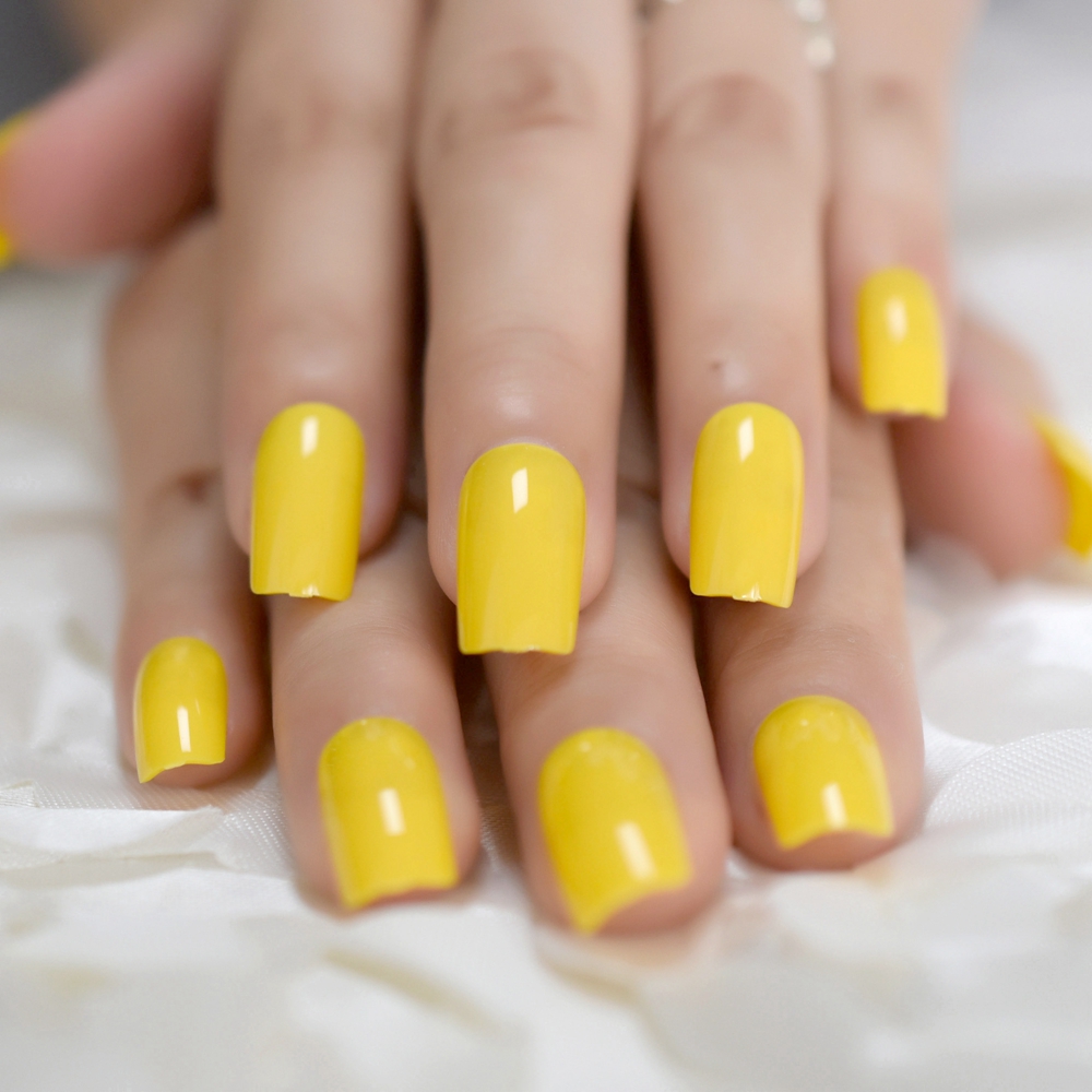 Quadrat Mittel Klassische Nagel Gelb Butter Vulgär Glänzend Banane Gel Nagel tipps Acryclic Künstliche Presse Auf NäGel