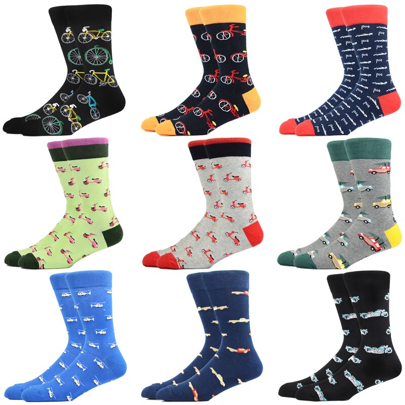 Chaussettes Harajuku pour hommes, motif de couleur artistique, hélicoptère, moto électrique, voiture en coton