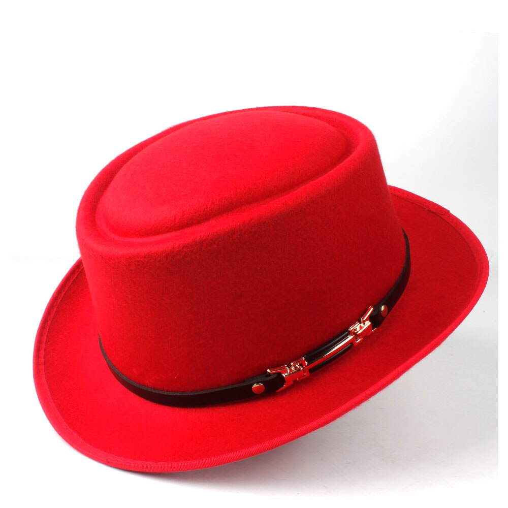 Männer Frauen Wolle Schweinefleisch Kuchen Hütte Mit Leder Gürtel Ich bin Freien Beiläufigen Hütte Panama Kirche Hütte Flache Fedora Jazz Hütte Größe 58CM: rot