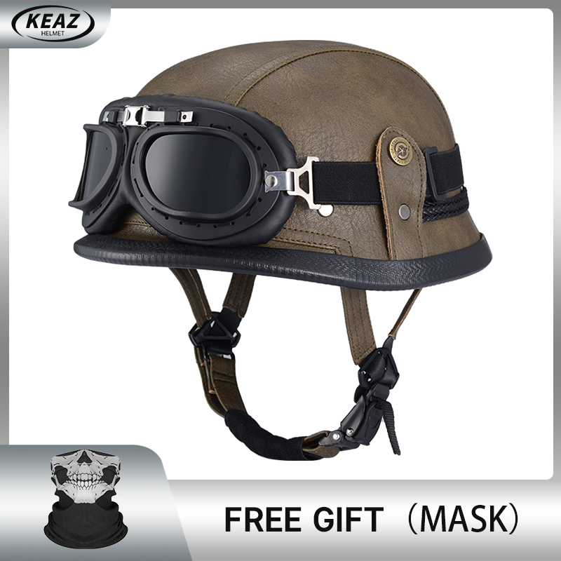 Casque demi-visage en cuir de Style allemand pour moto, prix d'usine, Cap1/2 approuvé par le DOT, casques + lunettes à visage ouvert