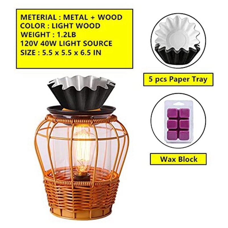 Rattan Glass Woven Wax Burner Fresh Air, Bamboo Rattan Aroma Diffuser Light Night Light Rattan Light US Plug