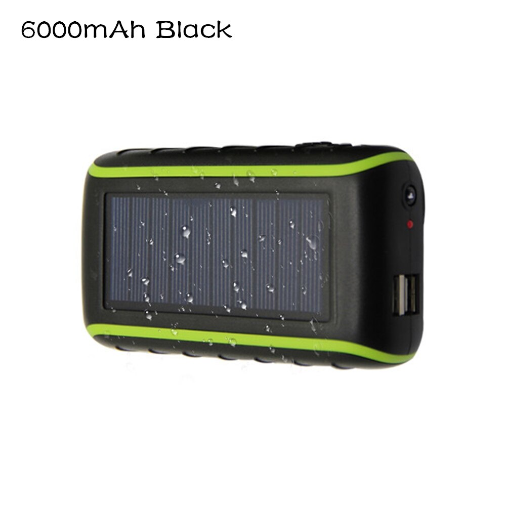 Solar Hand Crank Power Bank For Samsung S10 Waterproof Solar LED Portable Dual USB PowerBank 6000/8000mAh External Battery Pack: 6000mAh Black