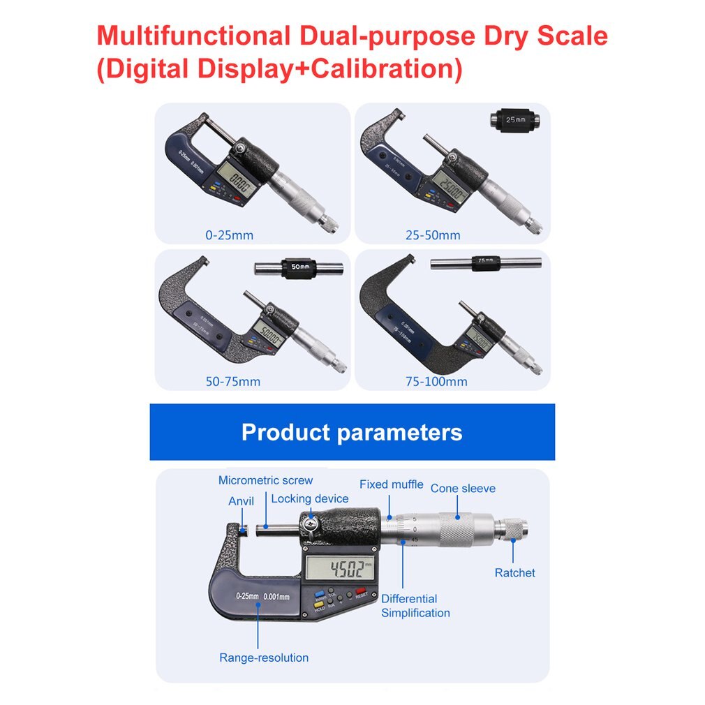 LCD Digital Outside Micrometer 0-25mm/0.001mm Electronic Gauge Vernier Caliper Meter 7 keys Carbide Tip Measuring Tools