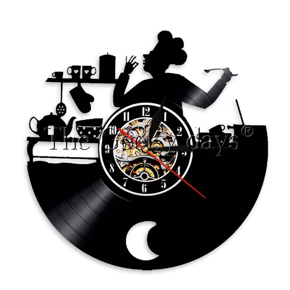 Kitchen Vinyl Record Wall Clock Modern Cooking Room 3D Decoration LED Clock Wall Watch Home Decor for Chef 12 inch: A-NO LED