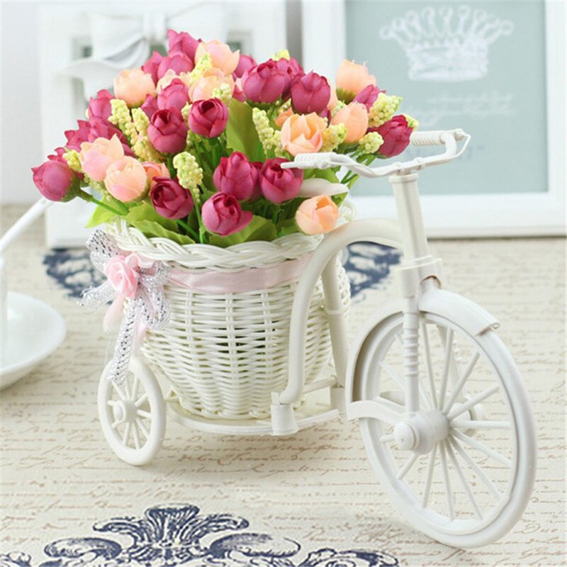 Rotting cykel vas med siden blommor färgglada mini ros blomma bukett tusensköna konstgjorda blommor för hem bröllop dekoration: A08