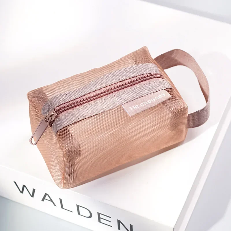 Mini Clear Nylon Mesh Cosmetic Bags Cute Women Small Lipstick Makeup Bags Pouch Data Line Key Earphone Organizer Case: Brown