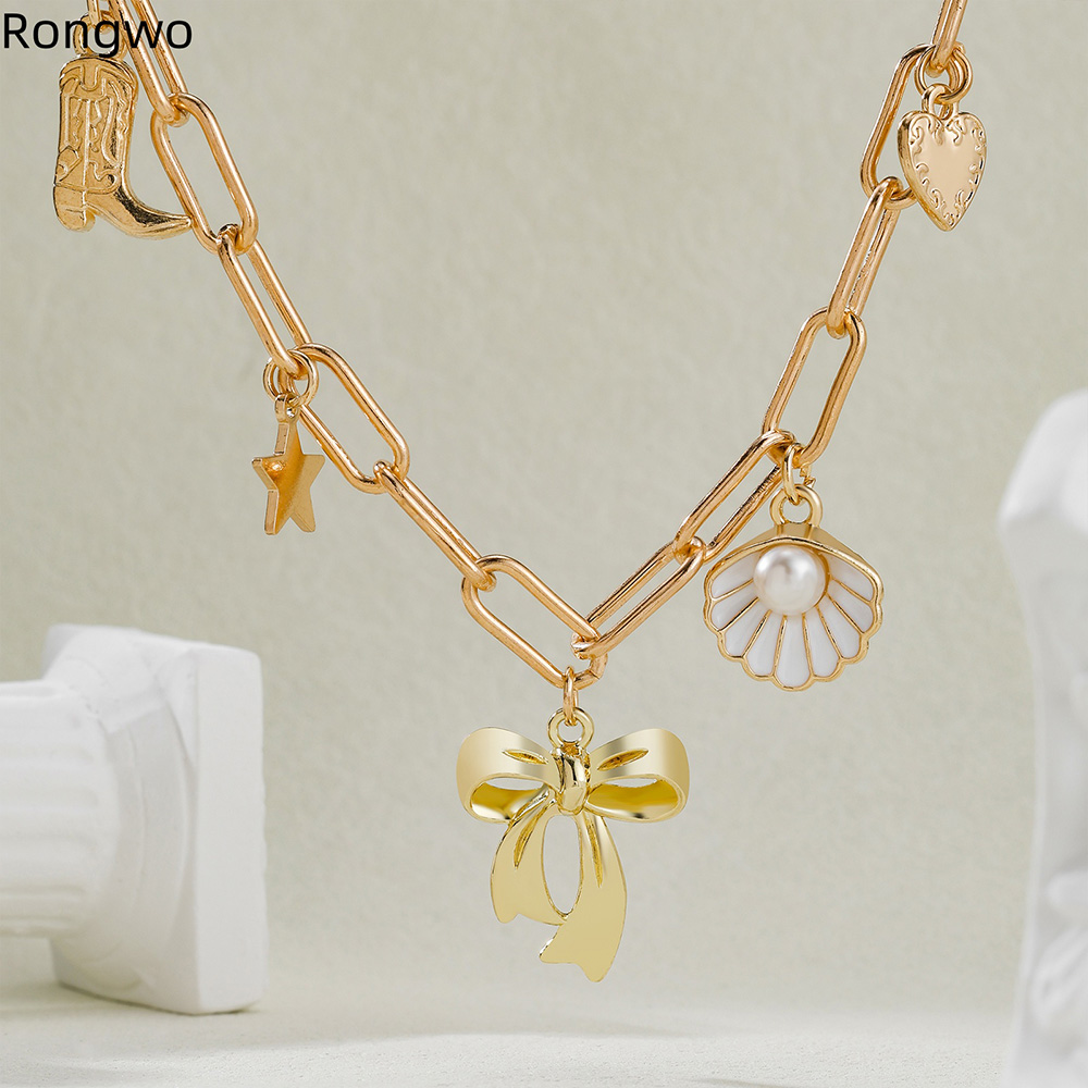 Exquisitos dijes, collar con colgante de perlas para mujer, gargantilla con dije de lazo de Color dorado de acero inoxidable, concha de concha, de joyería de