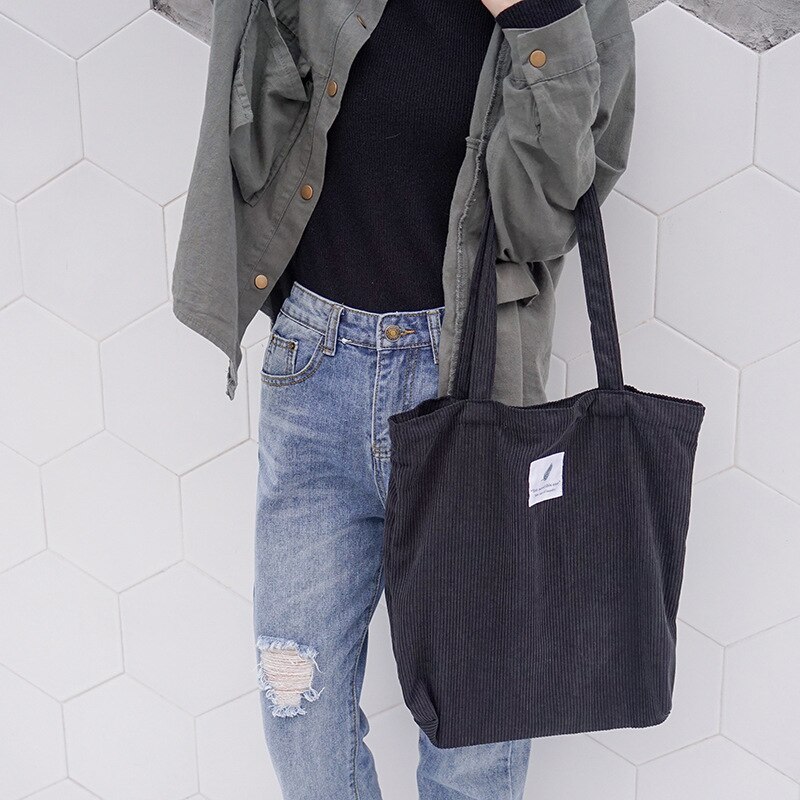 Women Corduroy Shopping Bag Female Canvas Cloth Shoulder Bag Environmental Storage Handbag Reusable Foldable Eco Grocery Totes: black