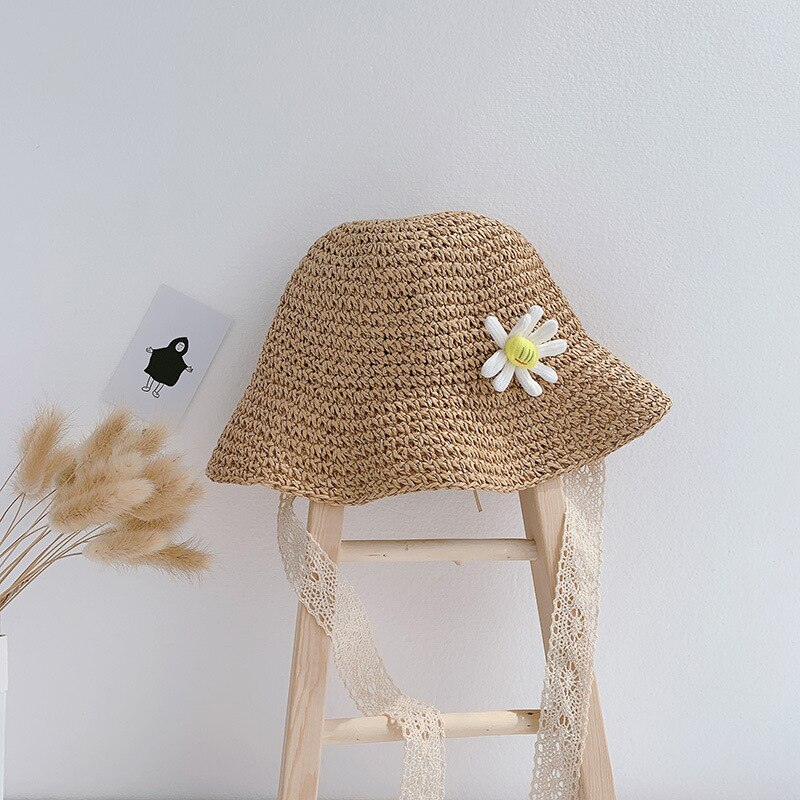 Sommar barns stråhatt tjejer hatt solkräm solhatt sommar baby solhatt söt prinsesshatt: Kaki