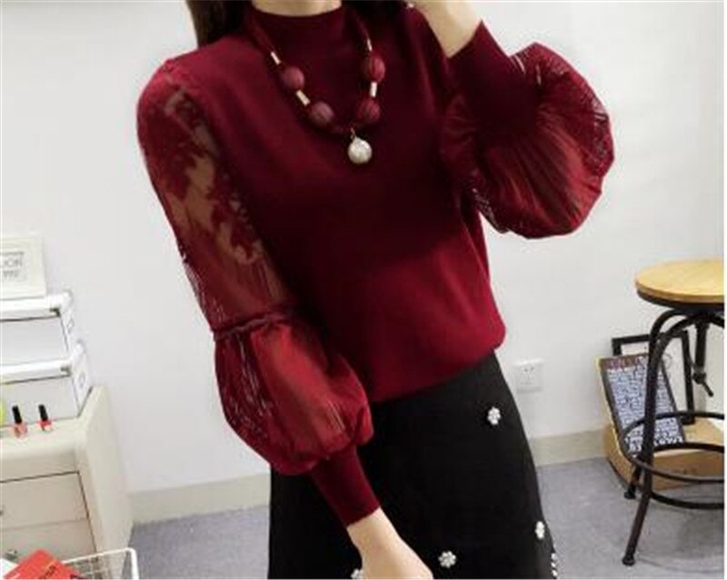 Lace Pullover Sweater Jumper Winter Lantern Sleeve Knitted Sweaters and Pullovers Women Pull Femme Free Necklace PZ033: wine red