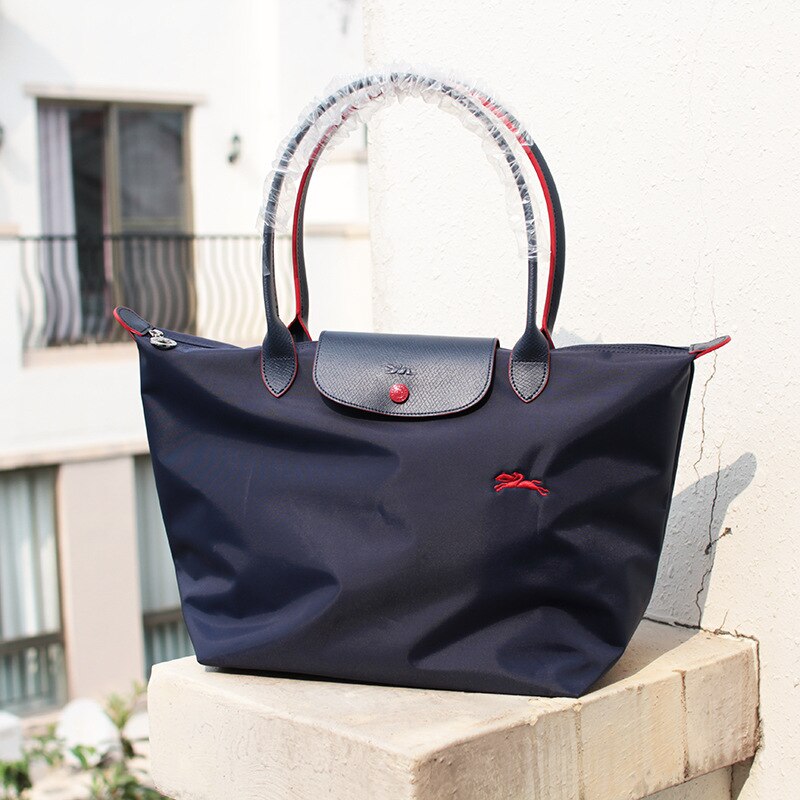 Lange griff große bestickte knödel tasche wasserdichte pendler tasche handtasche nylon leinwand tasche: Navy blue