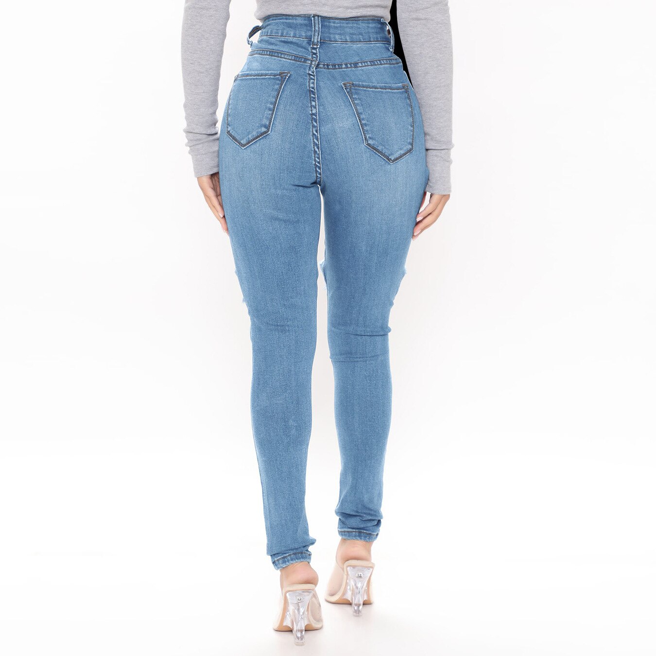 FNOCE femmes déchiré jean pantalon sexy trens taille haute mince serré stretch trou complet denim crayon pantalon