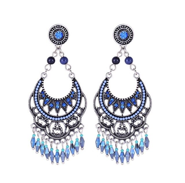 Shineland billige boheme vintage etniske dråbe dingler til kvinder kvast lange perler brincos smykker: E1-37046 blå