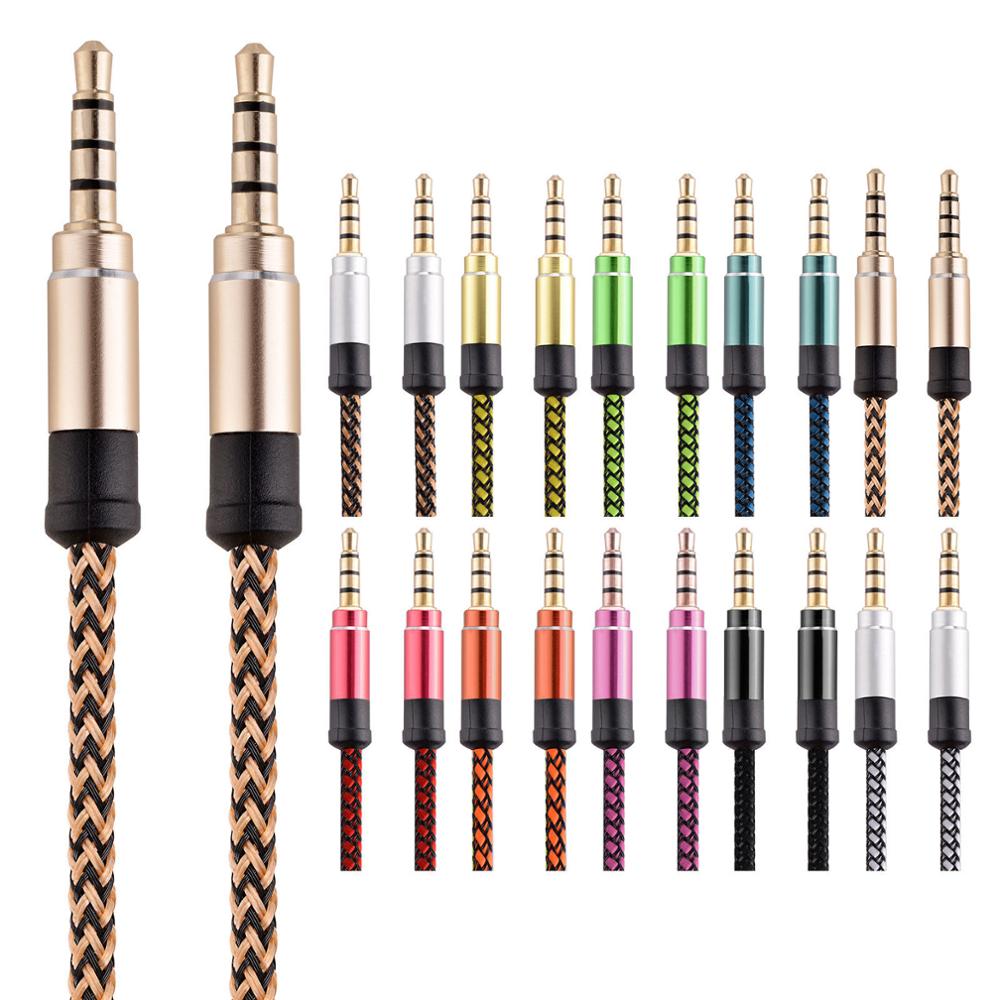 1.5m nylon jack lydkabel 3.5 mm til 3.5mm aux kabel hann til hann kabel gullplugg bil aux ledning til iphone 7 til samsung til bil