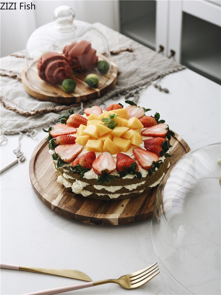 Kreative Kuchen Drehscheibe Holz Paletten Glas Abdeckung Snack Brot Tablett Nachtisch Anzeige Stand Seide Plattenspieler Küche Dekoration