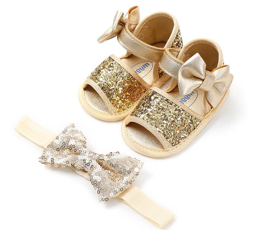 Verão praia princesa estilo meninas sapatos de bebê crianças bling couro do plutônio bonito arco sola macia sandálias casuais e bandana