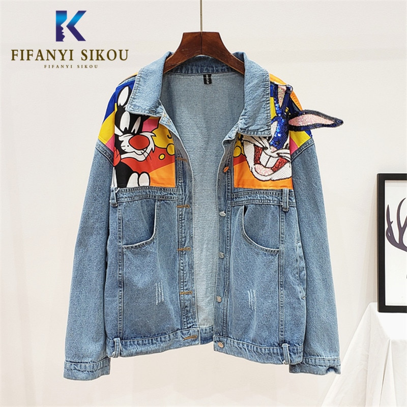 Chaqueta vaquera con estampado de dibujos animados para mujer, chaqueta vaquera con lentejuelas para mujer, ropa de calle, abrigo vaquero de manga larga, prendas de vestir holgadas, novedad de Otoño de