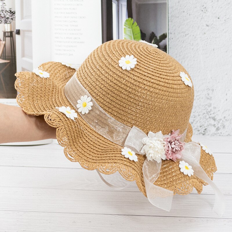 Los niños chica listón con flores sombrero hongo de paja sombreros de Sol para niños de primavera y verano con volantes con ala playa gorra para el sol sombreros: Caqui