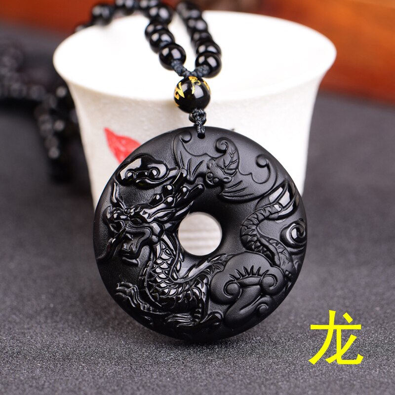 Chinese Zodiac Obsidian Dragon Tiger Pendant Necklace Charm Jewellery Accessories Hand-Carved Man Lucky Amulet: Dragon