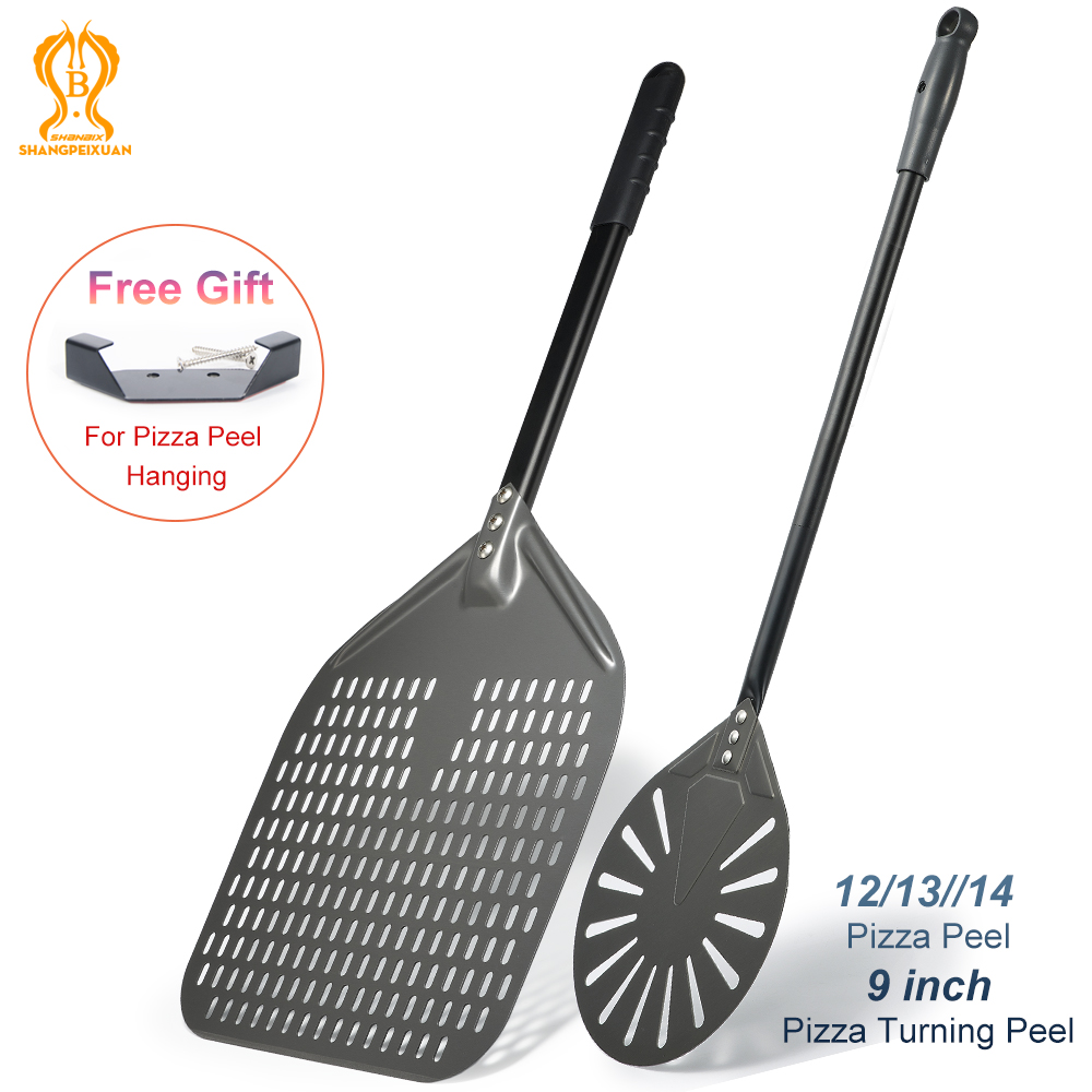 SHANGPEIXUAN 12" Hard Anodized Pizza Peel with Pizza Turning Shovel Set Perforated Rectangle Aluminum Pizza Peel Silicone Handle