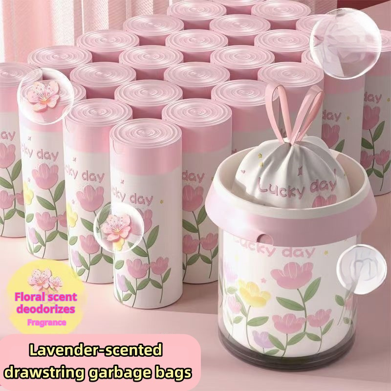 50 stuks grote, dikke vuilniszakken met trekkoord en lavendelgeur - gemaakt van hoogwaardig polyethyleen, multifunctionele wegwerpzakken, geschikt voor keuken, badkamer, slaapkamer, woonkamer en toilet - met roze en gele bloemenprint en de tekst "happy day".