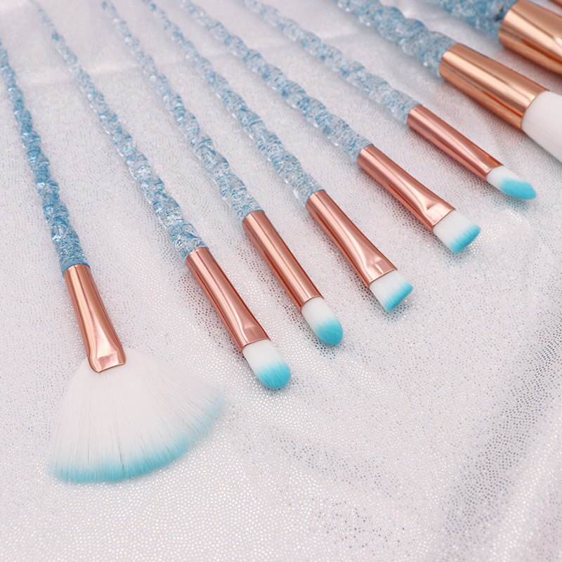 Kit de pinceaux de maquillage licorne bleu, fard à paupières, fond de teint, brosses à lèvres, cristal diamant, 10 pièces