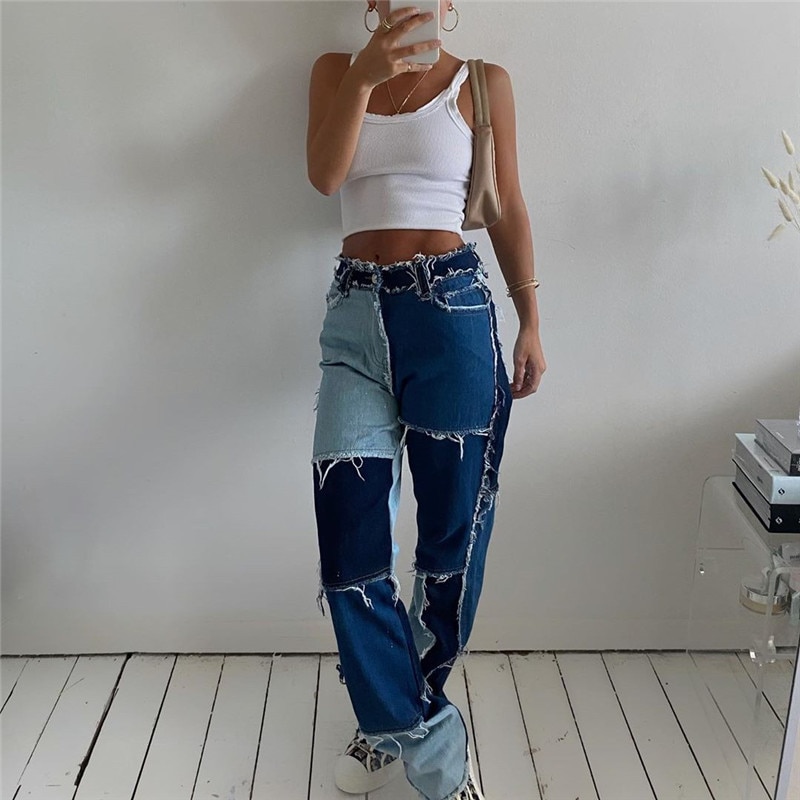 Streetwear dame  y2k bodycon jeans lappeteppe harajuku estetiske bukser jeans høy midje denim 90s jeans cuteandpsycho