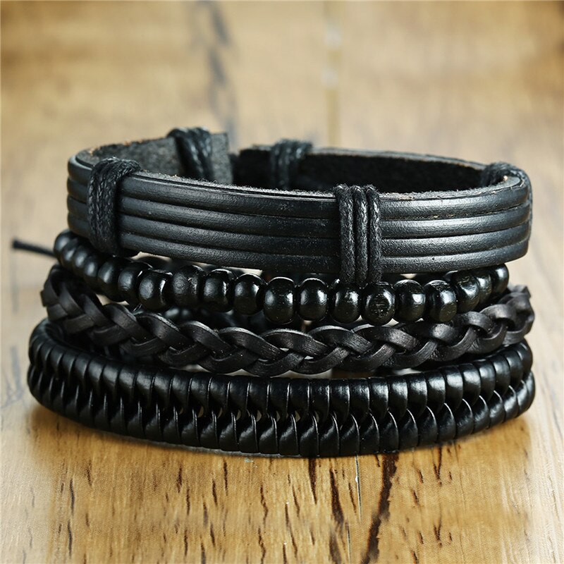 ZORCVENS 4 pieces/ Set Leather Bracelets for Men Braided Rope Wristband Vintage Style Male Bangle: 82983