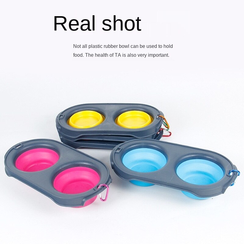 Bol doble para perro plegable de silicona, maceta de perro y gato, bote antideslizante, tazón individual, portátil