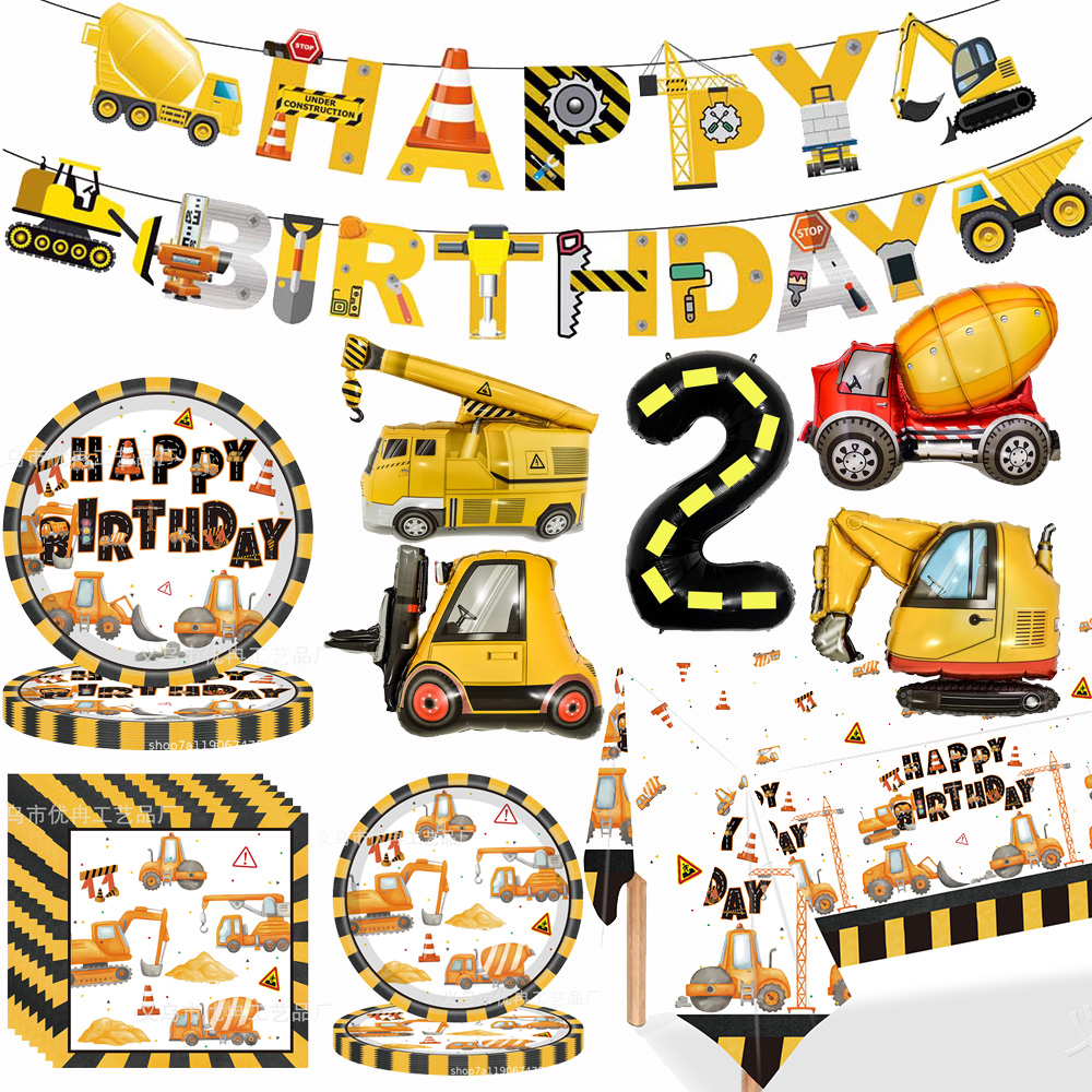 Construction Party Disposable Tableware Paper Plates Napkins Construction Truck Birthday Decorations Excavator Party Supplies