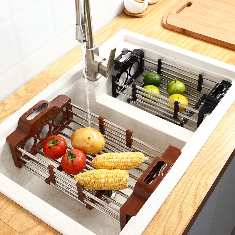 Stainless Steel Retractable Kitchen Sink Rack Fruit And Vegetable Basket Dishes Tray Storage Retractable Rack Kitchen Organizer