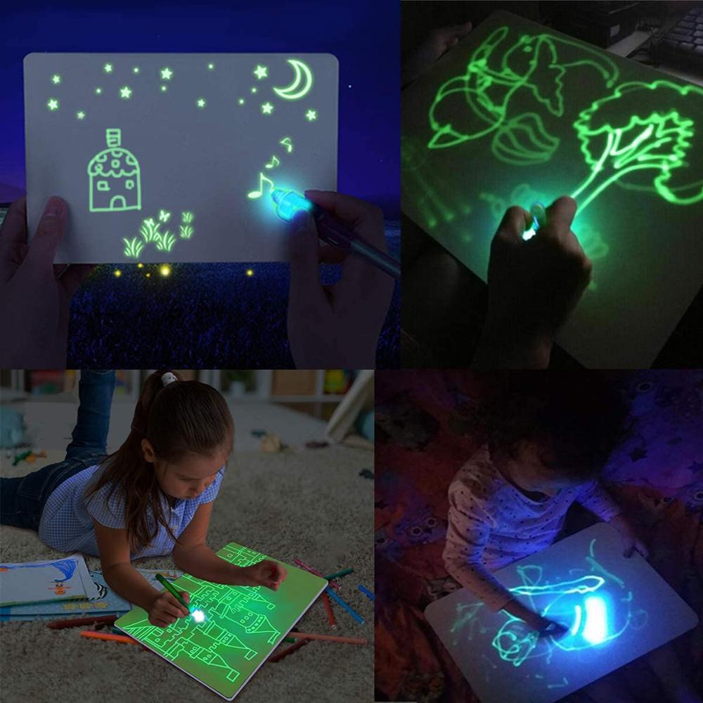 Planche à dessin légère pour les enfants, ELICE A3 lumière tapis de dessin dessiner avec la lumière, tampon magique éclairer tapis de dessin pour les enfants avec stylo magique