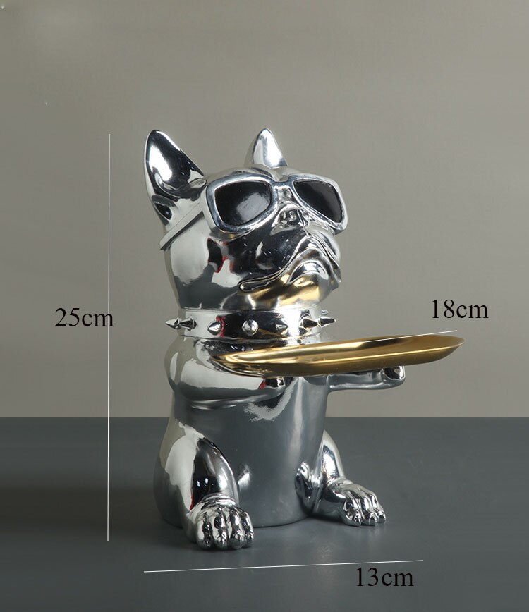 Escultura de Bulldog Francés nórdico, estatua de perro, llave, joyería, almacenamiento, decoración de mesa, con vasos de plata: silver