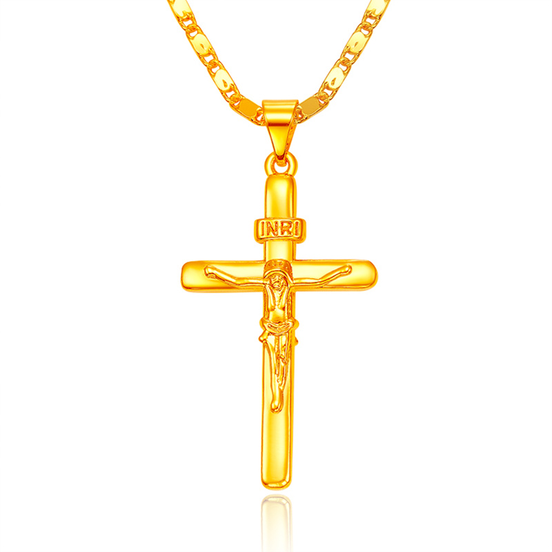 Collier couleur or 24 carats, pendentif croix, pour femmes/hommes, collier de Couple, bijoux: Couleur or jaune pâle