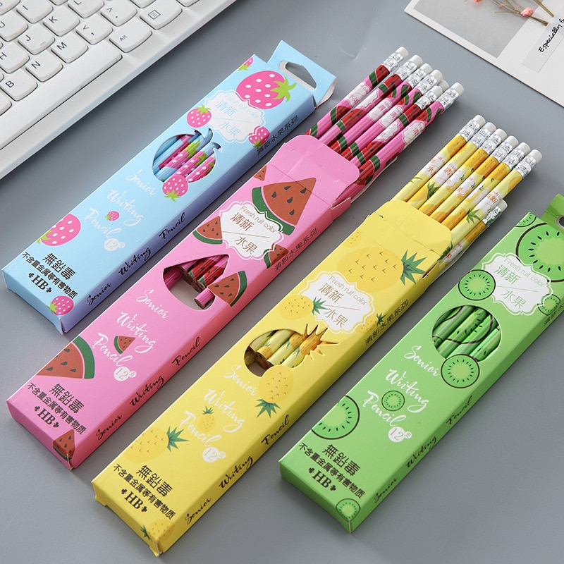 Lote de 12 lápices con goma de lana HB creativos para niños, dibujos animados, de frutas, Kawaii, papelería, suministros escolares